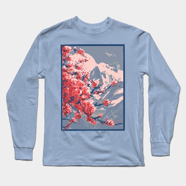 Cherry Blossoms Mountain Long Sleeve T-Shirt by ExelanArt